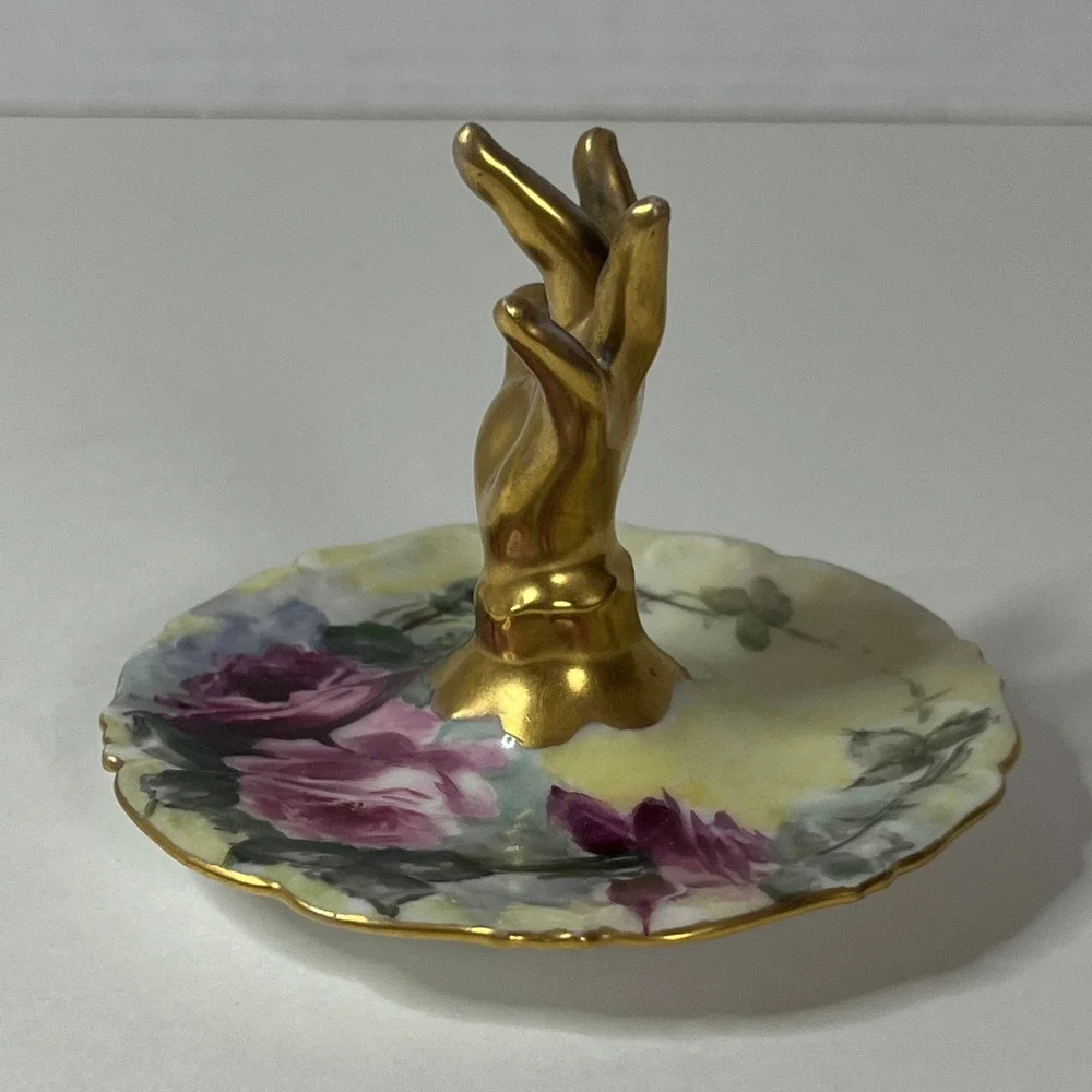 Vintage Limoges France Porcelain Ring Holder Gold Hand Floral Dish C.H. Snyder